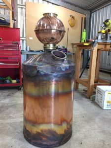 copper boiler, copper still, copper moonshine boiler, brass tri-clamp ferrules, gin basket, distillation cloumn, moonshine pot still, copper pot still